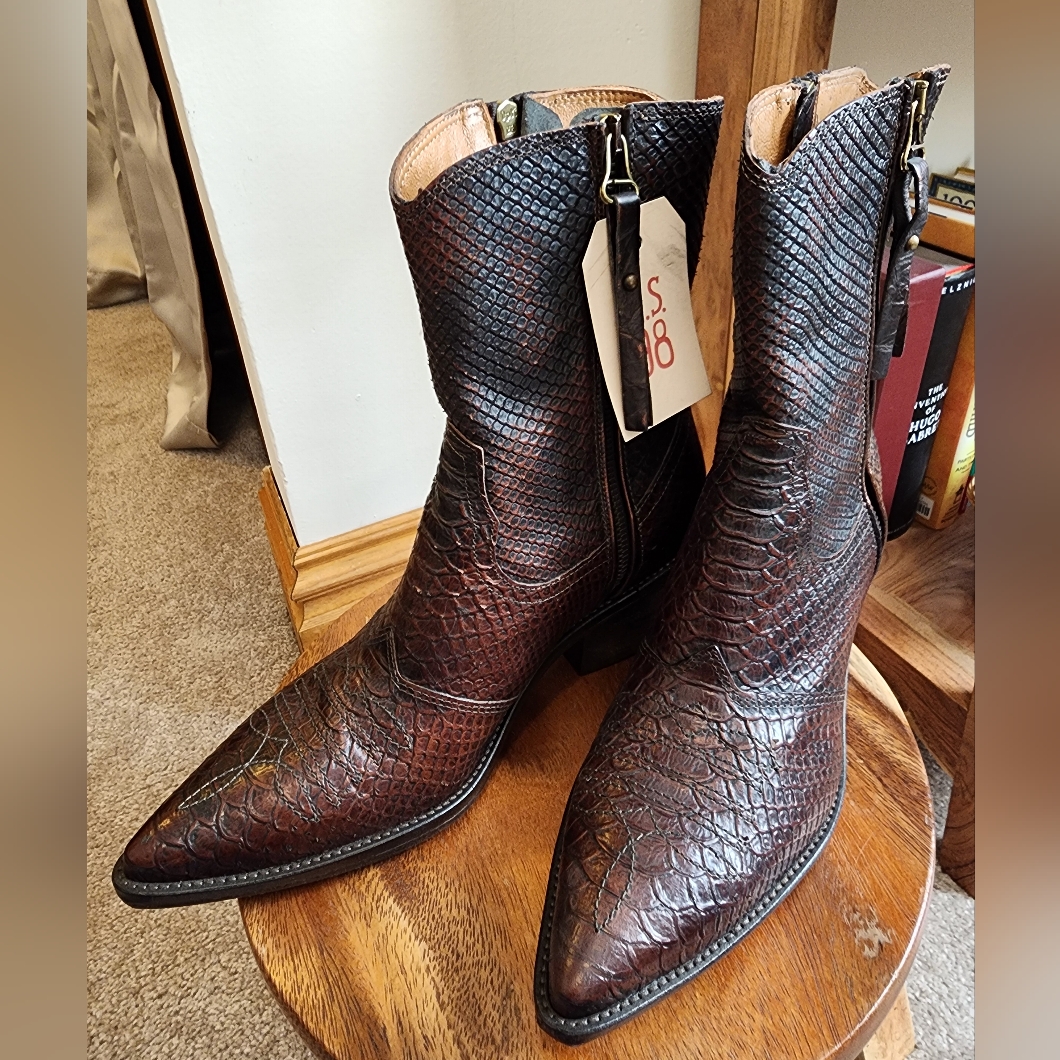 A.S.98 Crystal Embossed Snake Pattern Brown Ankle Boots